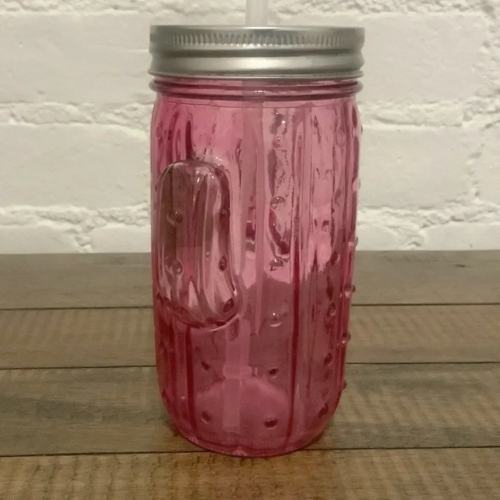 Pier 1 Imports Glass Tumbler Pink Cactus Shape Mason Jar Drinkware 16fl oz